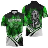 Garrett Morgan Zipper Polo Shirt with Gas Mask Invention Illustration, Inventing to Save Lives Quote - Wonder Print Shop