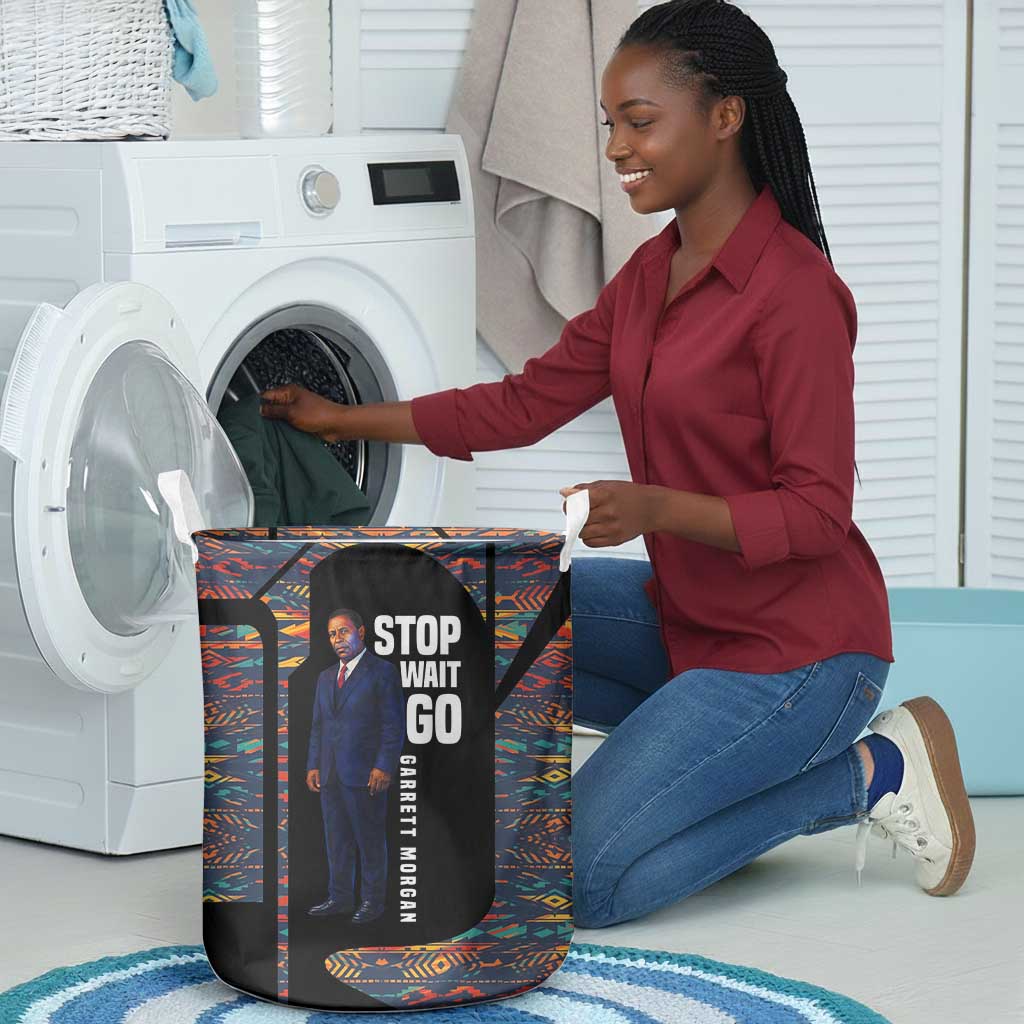 Garrett Morgan Laundry Basket with Full Body Portrait, Stop Wait Go Quote, Traffic Light Design - Wonder Print Shop