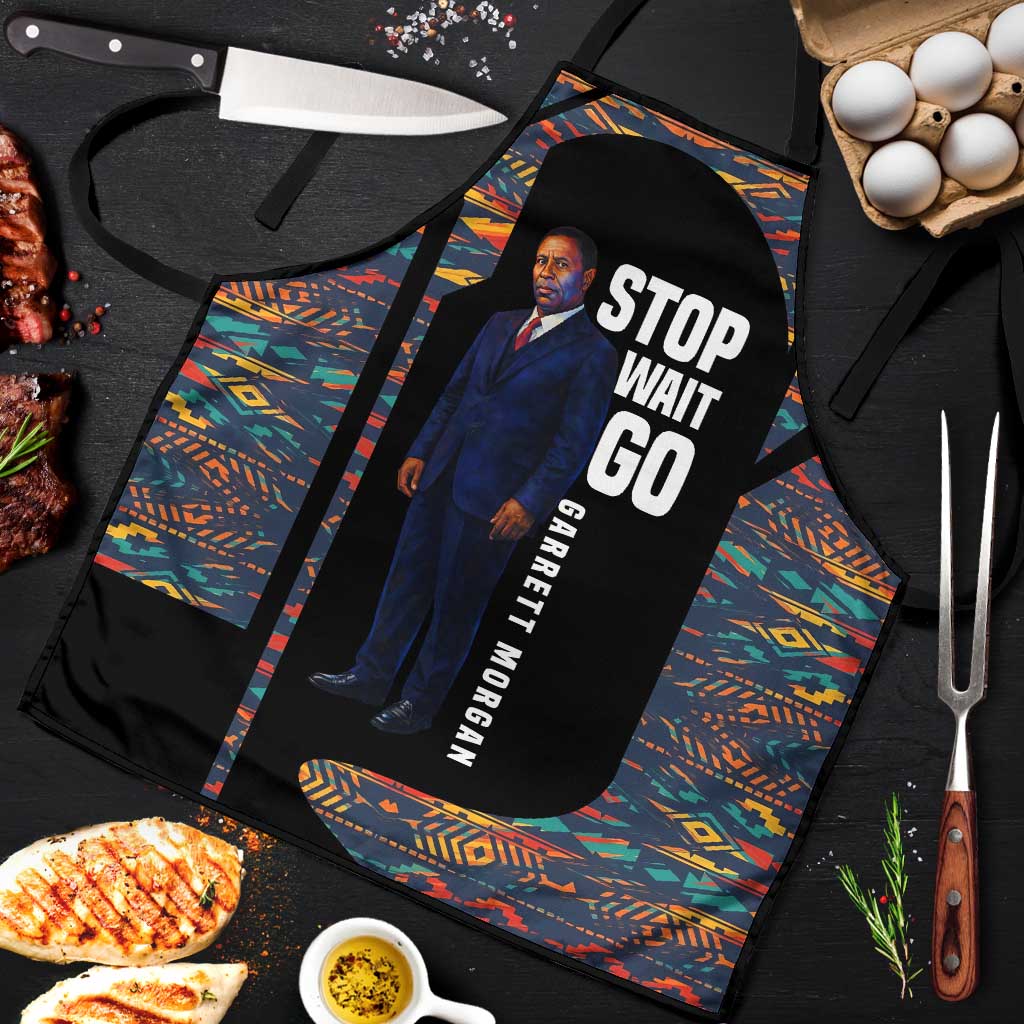 Garrett Morgan Apron with Full Body Portrait, Stop Wait Go Quote, Traffic Light Design - Wonder Print Shop