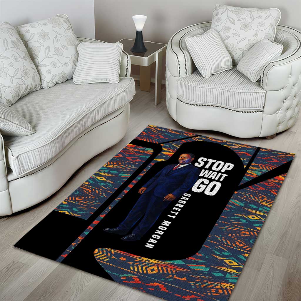 Garrett Morgan Area Rug with Full Body Portrait, Stop Wait Go Quote, Traffic Light Design - Wonder Print Shop