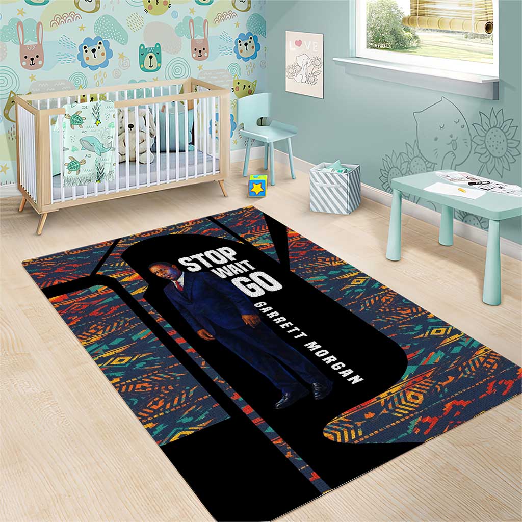 Garrett Morgan Area Rug with Full Body Portrait, Stop Wait Go Quote, Traffic Light Design - Wonder Print Shop