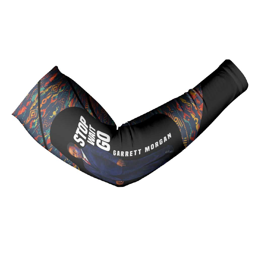 Garrett Morgan Arm Sleeves with Full Body Portrait, Stop Wait Go Quote, Traffic Light Design - Wonder Print Shop