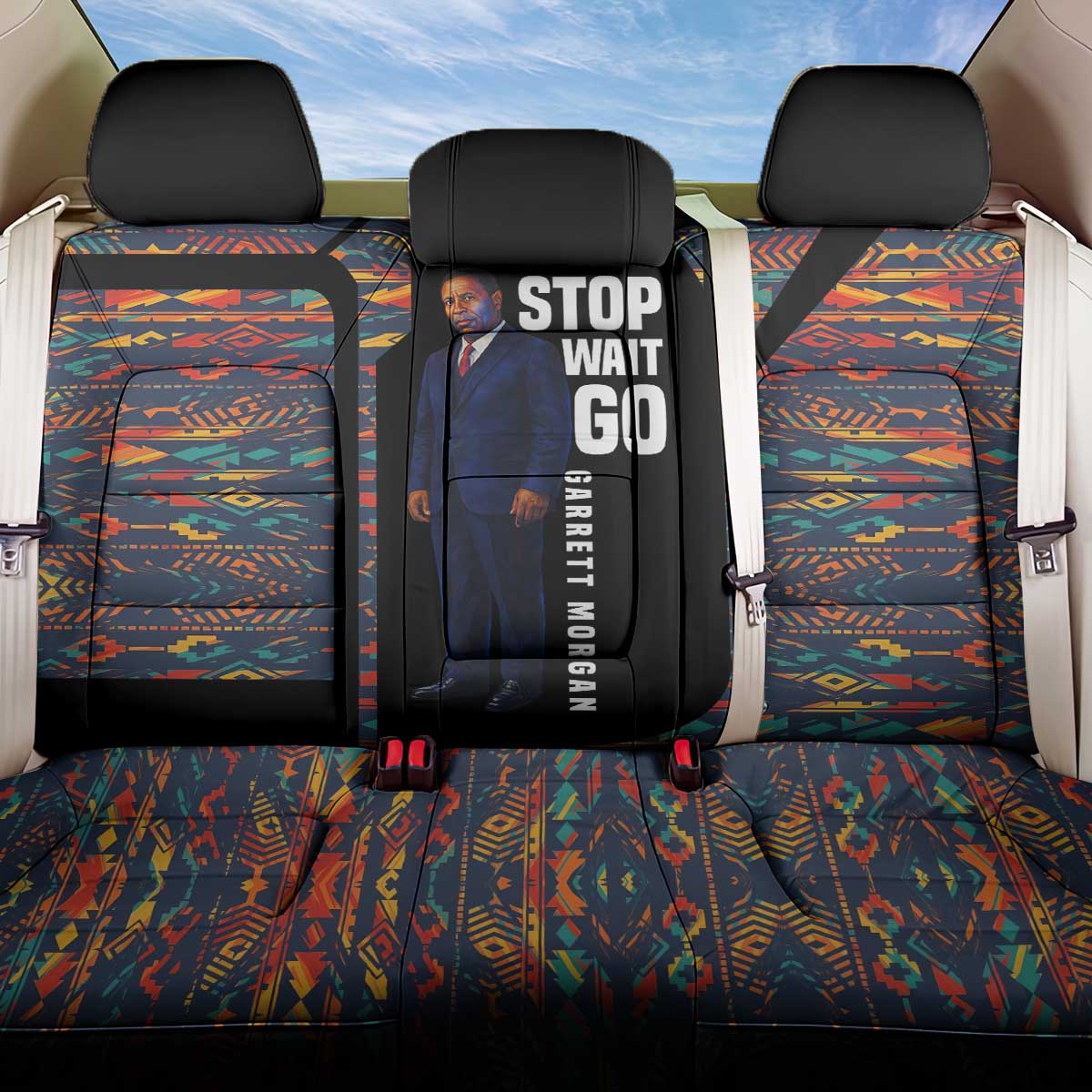 Garrett Morgan Back Car Seat Cover with Full Body Portrait, Stop Wait Go Quote, Traffic Light Design - Wonder Print Shop