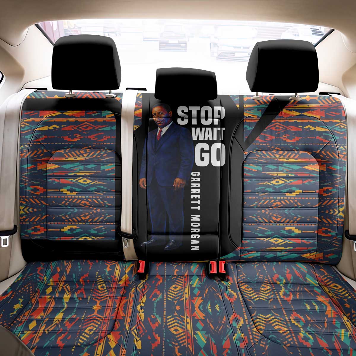 Garrett Morgan Back Car Seat Cover with Full Body Portrait, Stop Wait Go Quote, Traffic Light Design - Wonder Print Shop