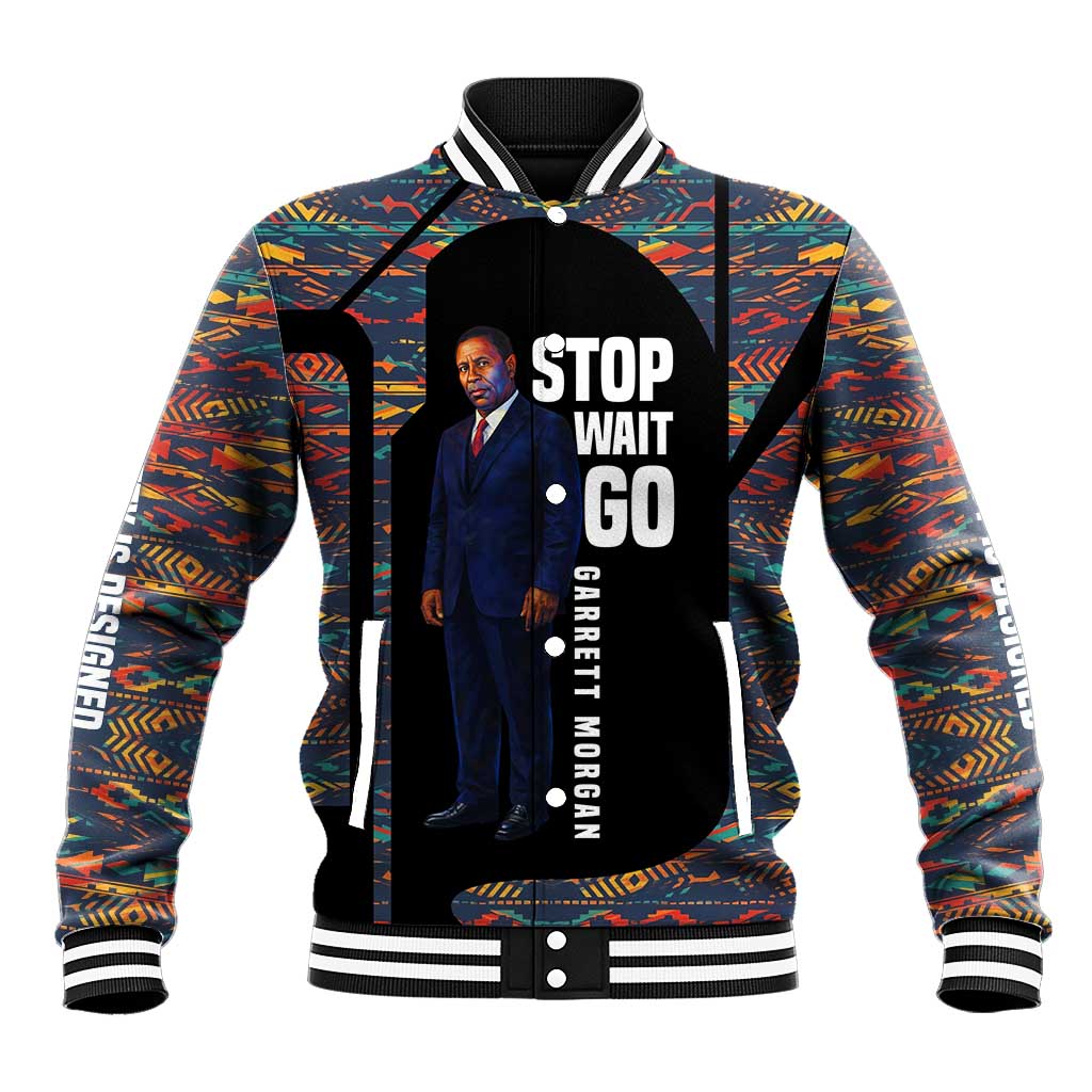 Garrett Morgan Baseball Jacket with Full Body Portrait, Stop Wait Go Quote, Traffic Light Design - Wonder Print Shop