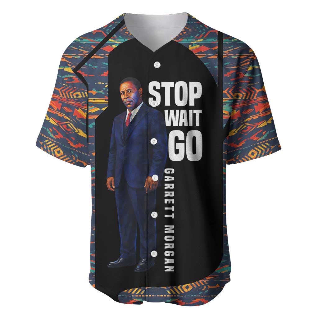 Garrett Morgan Baseball Jersey with Full Body Portrait, Stop Wait Go Quote, Traffic Light Design - Wonder Print Shop