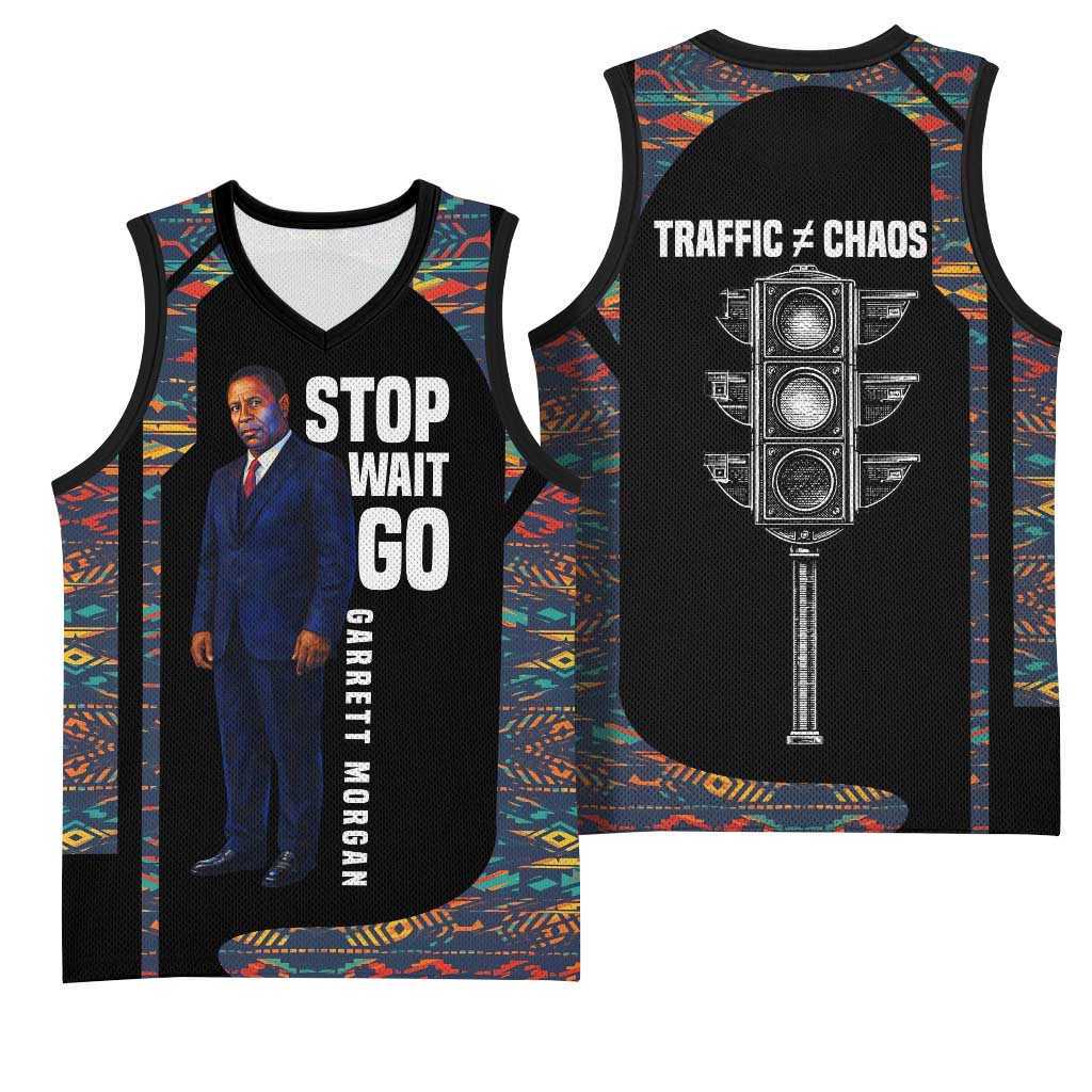 Garrett Morgan Basketball Jersey with Full Body Portrait, Stop Wait Go Quote, Traffic Light Design - Wonder Print Shop