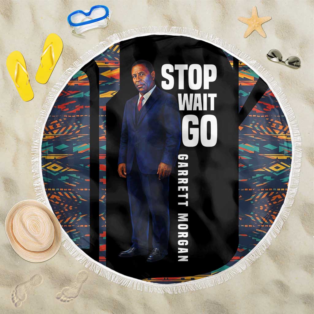 Garrett Morgan Beach Blanket with Full Body Portrait, Stop Wait Go Quote, Traffic Light Design - Wonder Print Shop