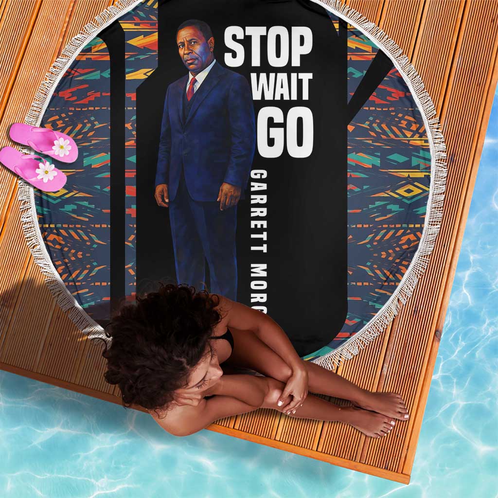 Garrett Morgan Beach Blanket with Full Body Portrait, Stop Wait Go Quote, Traffic Light Design - Wonder Print Shop