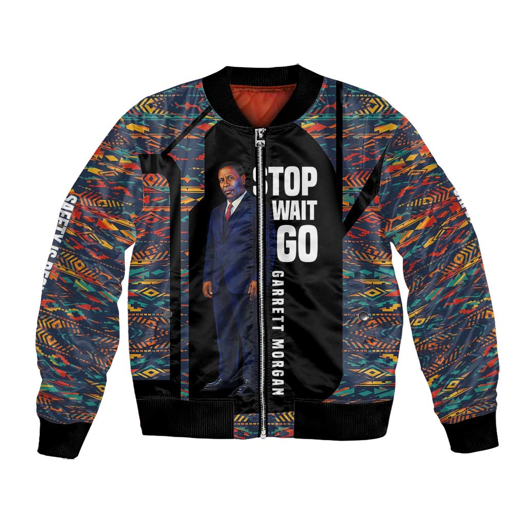 Garrett Morgan Bomber Jacket with Full Body Portrait, Stop Wait Go Quote, Traffic Light Design - Wonder Print Shop