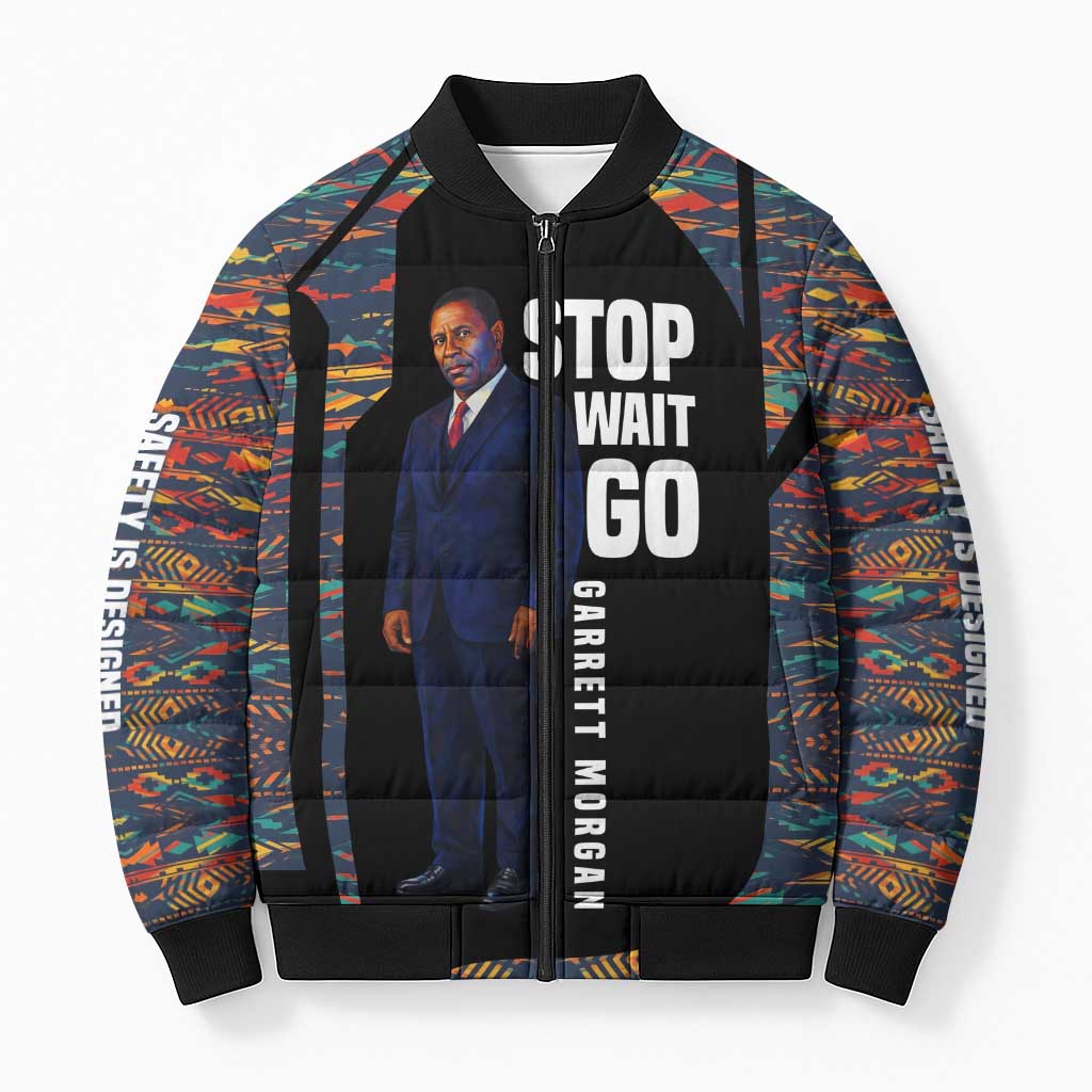 Garrett Morgan Bomber Puffer Jacket with Full Body Portrait, Stop Wait Go Quote, Traffic Light Design - Wonder Print Shop