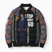 Garrett Morgan Bomber Puffer Jacket with Full Body Portrait, Stop Wait Go Quote, Traffic Light Design - Wonder Print Shop