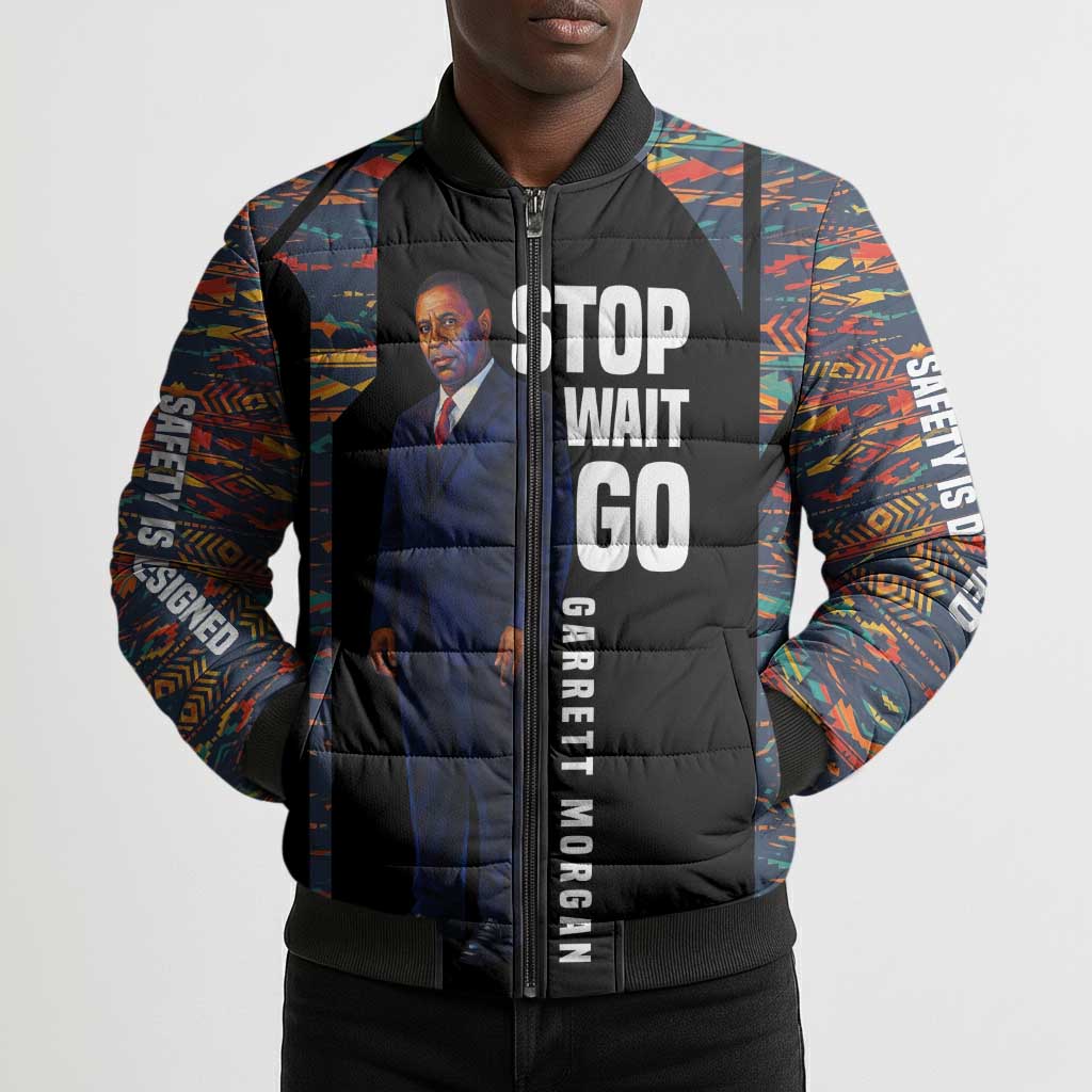 Garrett Morgan Bomber Puffer Jacket with Full Body Portrait, Stop Wait Go Quote, Traffic Light Design - Wonder Print Shop