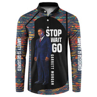 Garrett Morgan Button Sweatshirt with Full Body Portrait, Stop Wait Go Quote, Traffic Light Design