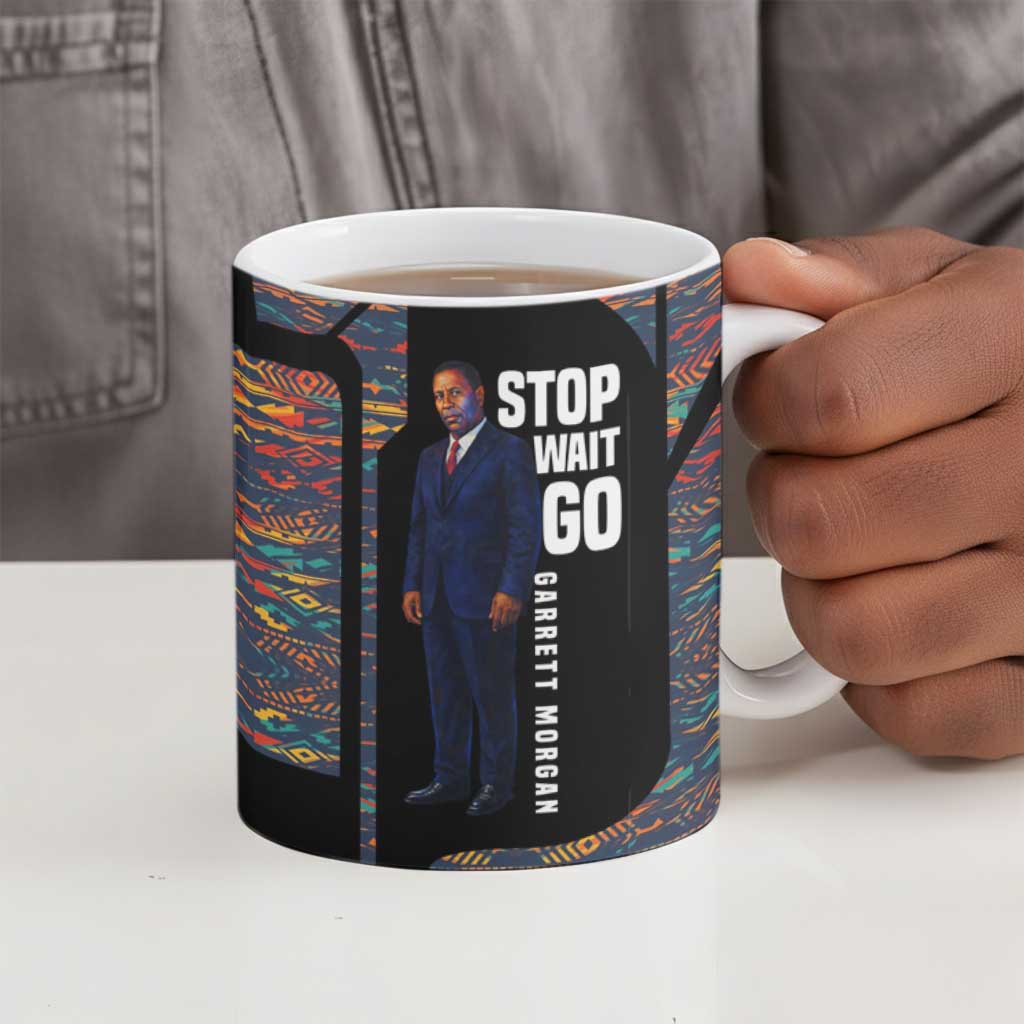 Garrett Morgan Ceramic Mug with Full Body Portrait, Stop Wait Go Quote, Traffic Light Design - Wonder Print Shop