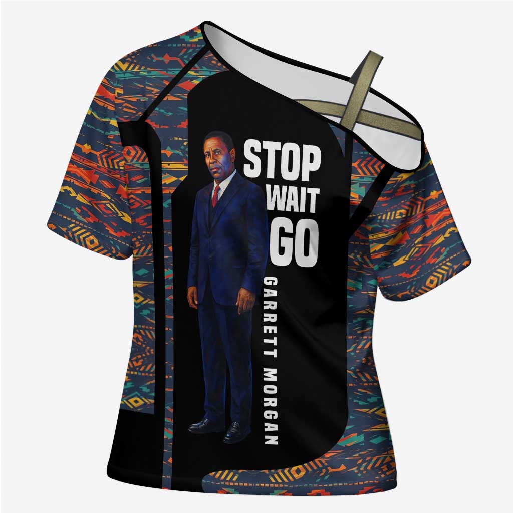 Garrett Morgan Cross Shoulder Shirt with Full Body Portrait, Stop Wait Go Quote, Traffic Light Design - Wonder Print Shop