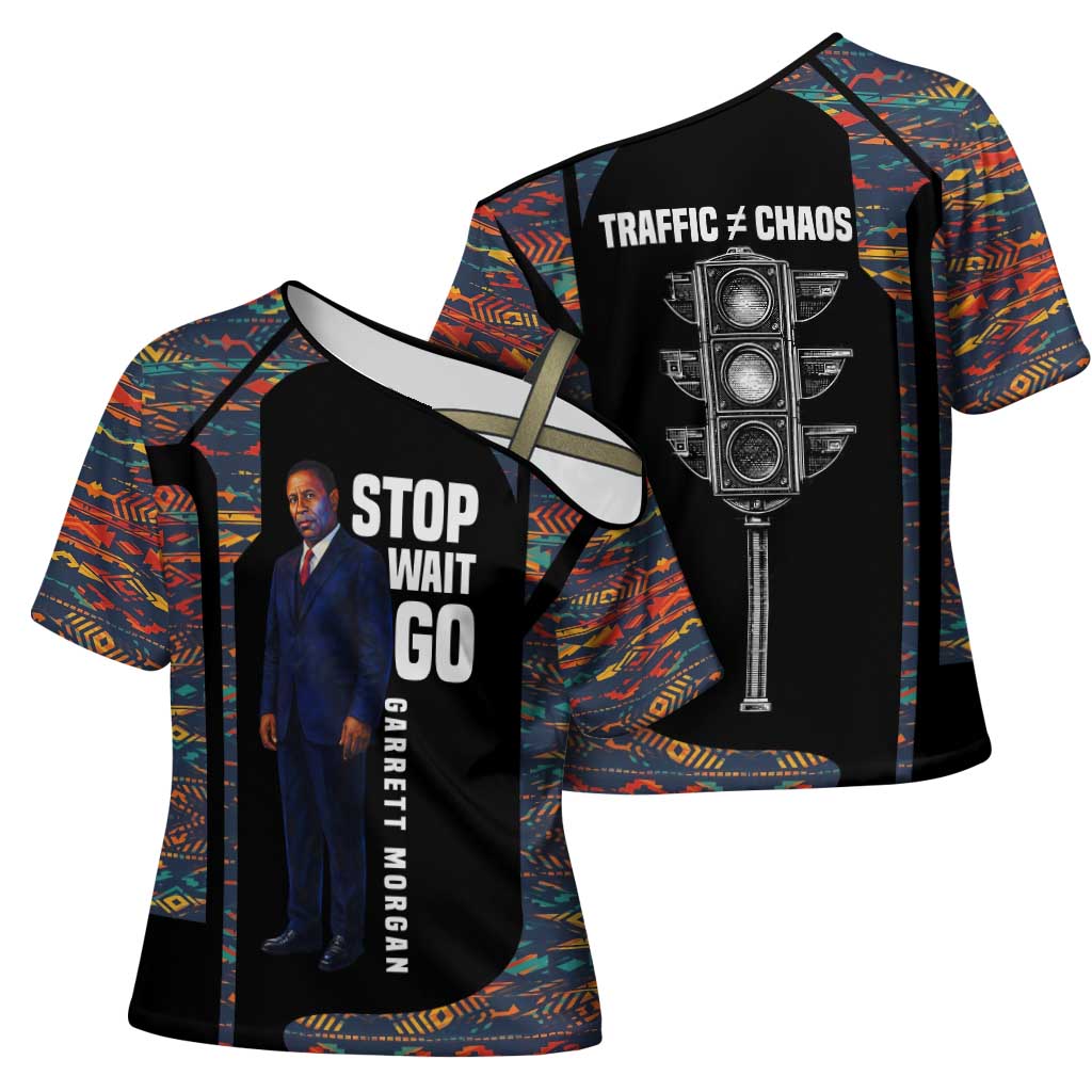 Garrett Morgan Cross Shoulder Shirt with Full Body Portrait, Stop Wait Go Quote, Traffic Light Design - Wonder Print Shop