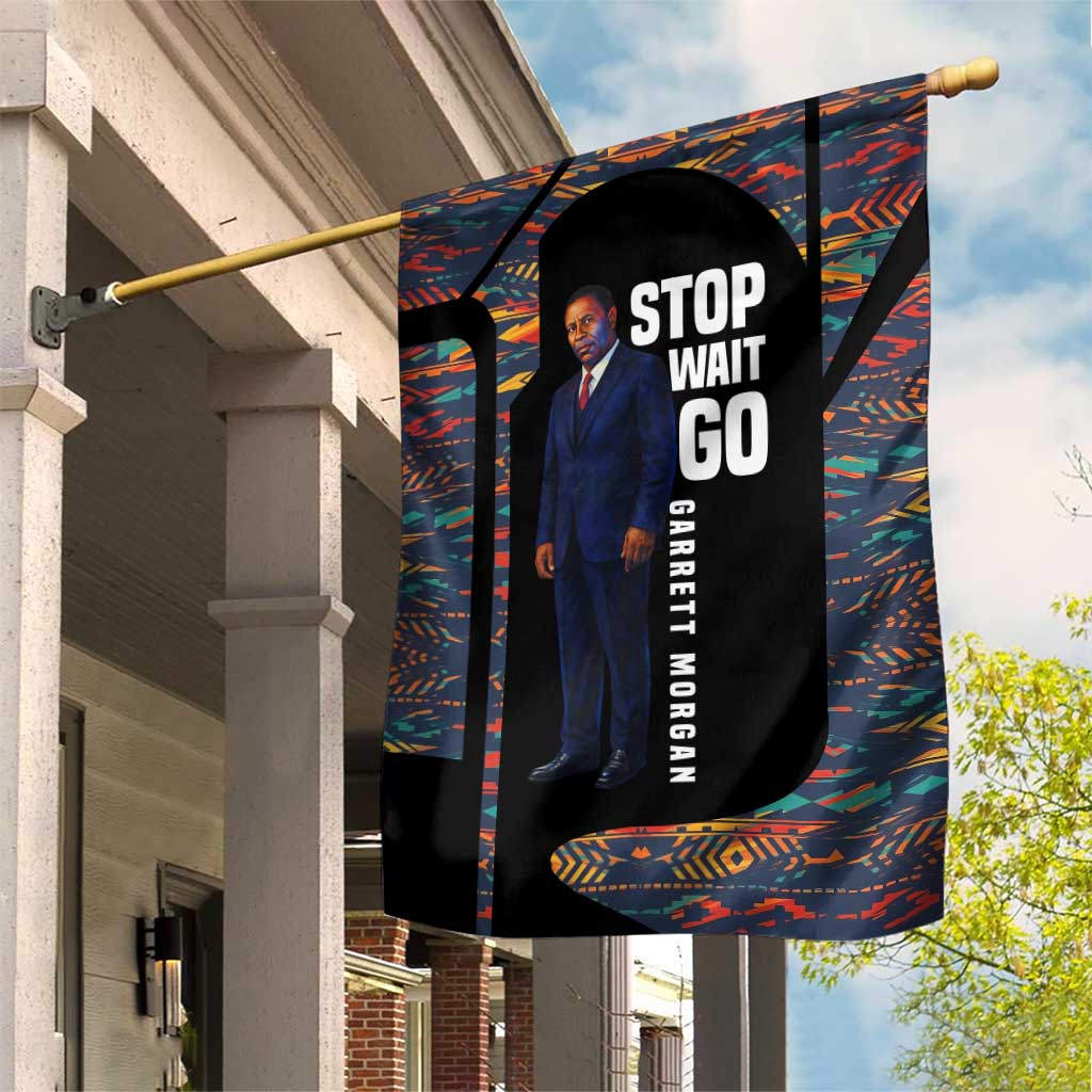 Garrett Morgan Garden Flag with Full Body Portrait, Stop Wait Go Quote, Traffic Light Design - Wonder Print Shop