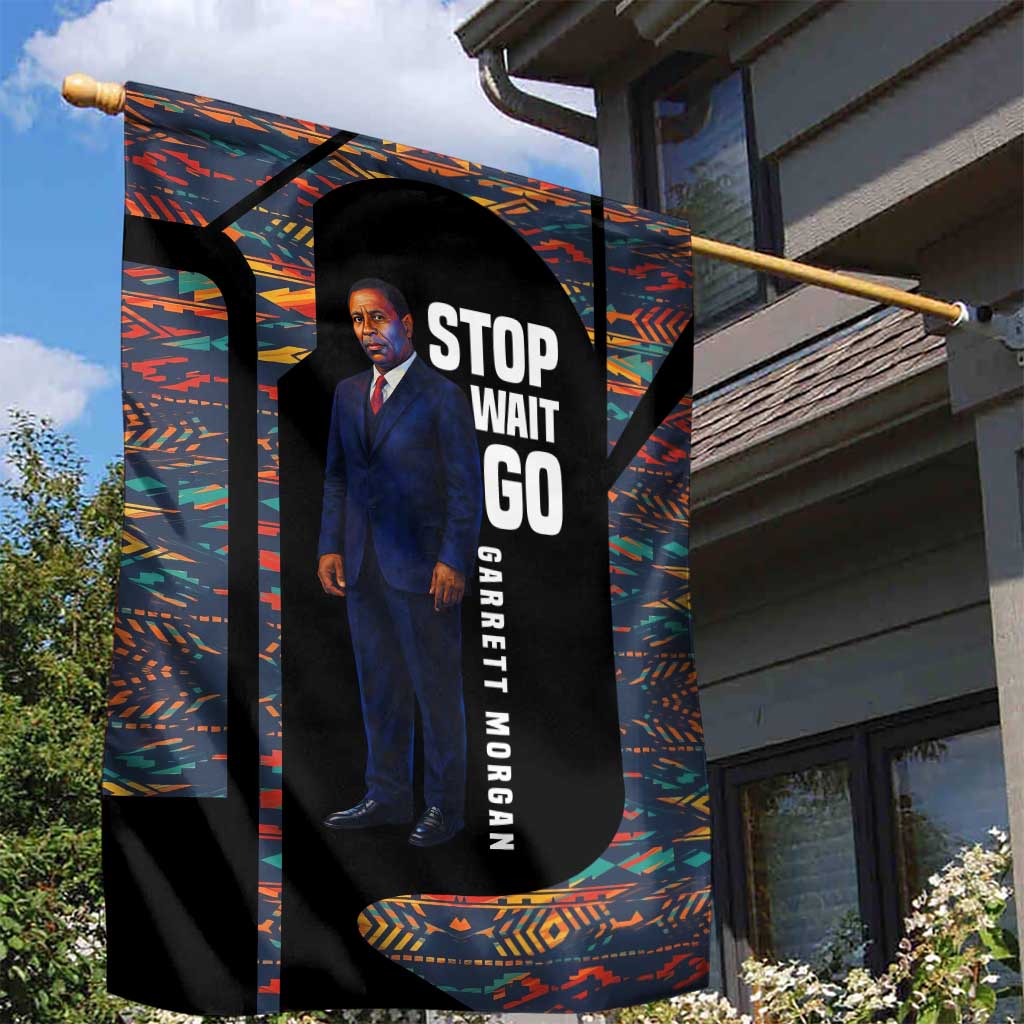 Garrett Morgan Garden Flag with Full Body Portrait, Stop Wait Go Quote, Traffic Light Design - Wonder Print Shop