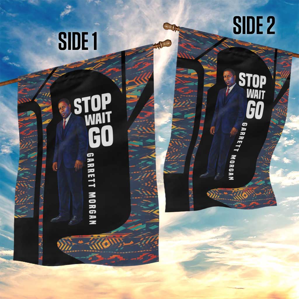 Garrett Morgan Garden Flag with Full Body Portrait, Stop Wait Go Quote, Traffic Light Design - Wonder Print Shop