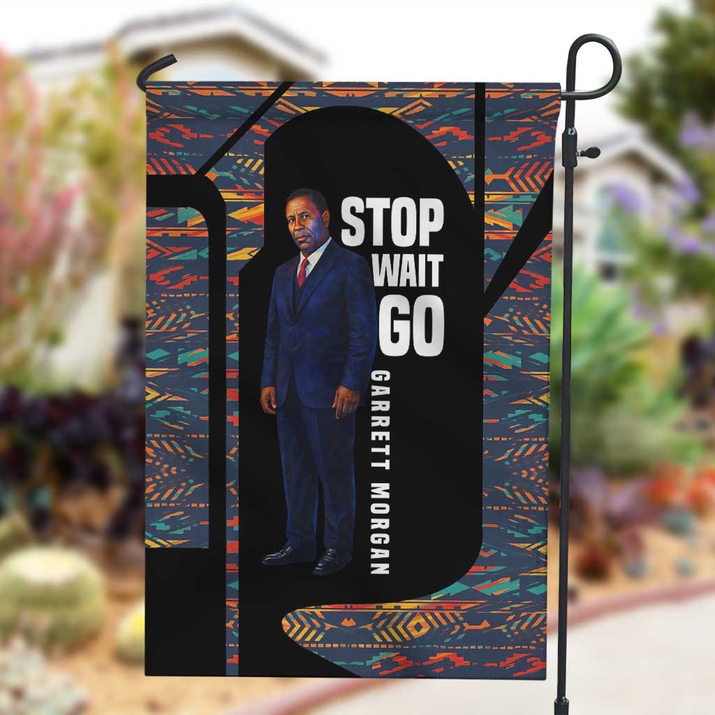 Garrett Morgan Garden Flag with Full Body Portrait, Stop Wait Go Quote, Traffic Light Design - Wonder Print Shop