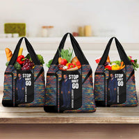 Garrett Morgan Grocery Bag with Full Body Portrait, Stop Wait Go Quote, Traffic Light Design - Wonder Print Shop