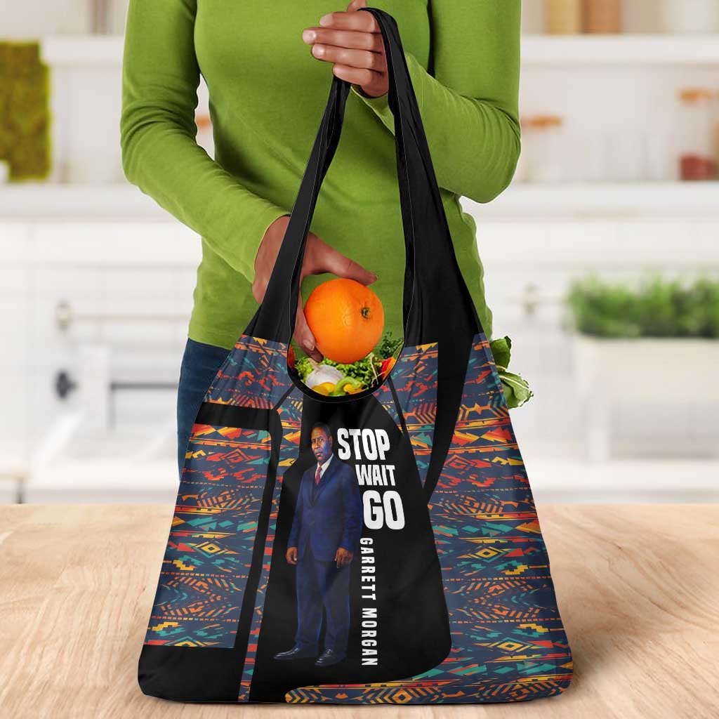 Garrett Morgan Grocery Bag with Full Body Portrait, Stop Wait Go Quote, Traffic Light Design - Wonder Print Shop