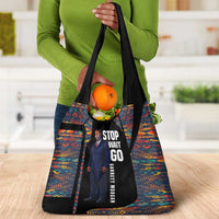 Garrett Morgan Grocery Bag with Full Body Portrait, Stop Wait Go Quote, Traffic Light Design - Wonder Print Shop