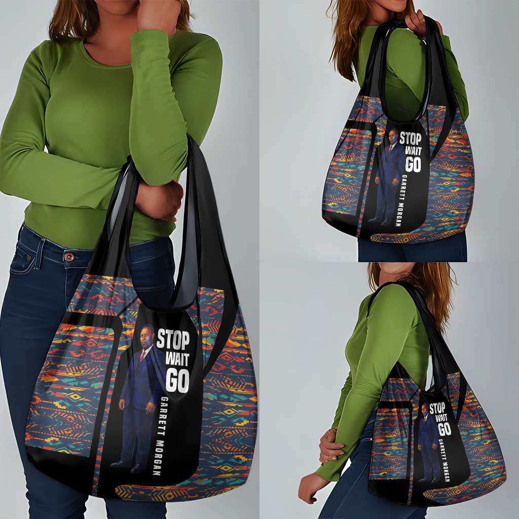 Garrett Morgan Grocery Bag with Full Body Portrait, Stop Wait Go Quote, Traffic Light Design - Wonder Print Shop