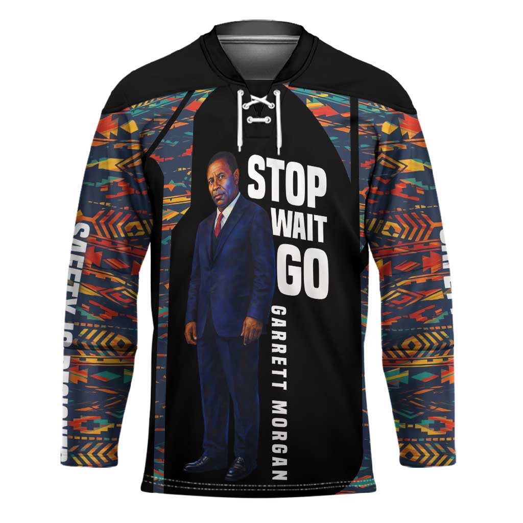 Garrett Morgan Hockey Jersey with Full Body Portrait, Stop Wait Go Quote, Traffic Light Design - Wonder Print Shop