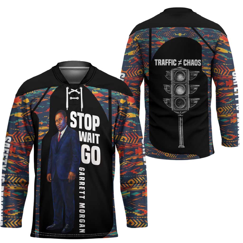 Garrett Morgan Hockey Jersey with Full Body Portrait, Stop Wait Go Quote, Traffic Light Design - Wonder Print Shop