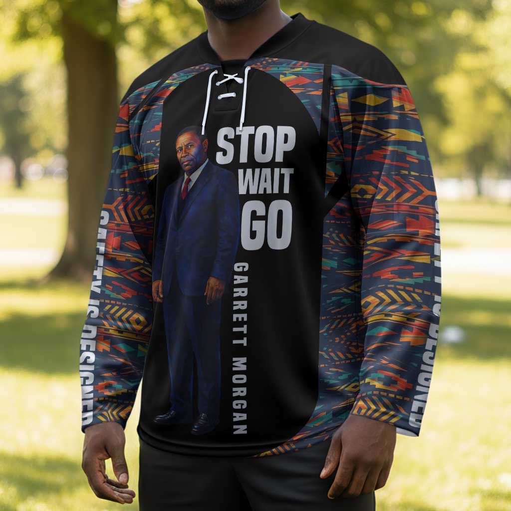 Garrett Morgan Hockey Jersey with Full Body Portrait, Stop Wait Go Quote, Traffic Light Design - Wonder Print Shop