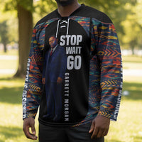 Garrett Morgan Hockey Jersey with Full Body Portrait, Stop Wait Go Quote, Traffic Light Design - Wonder Print Shop