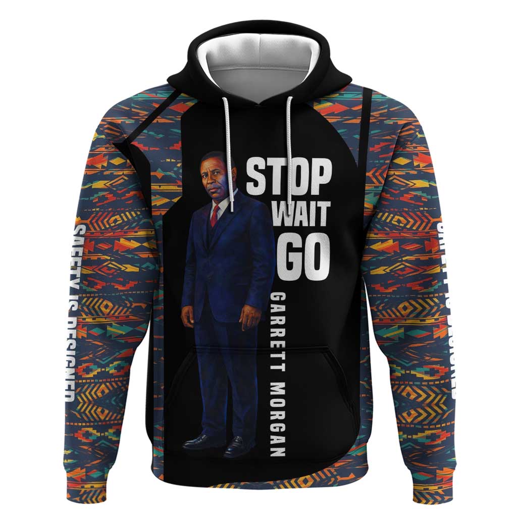 Garrett Morgan Hoodie with Full Body Portrait, Stop Wait Go Quote, Traffic Light Design - Wonder Print Shop