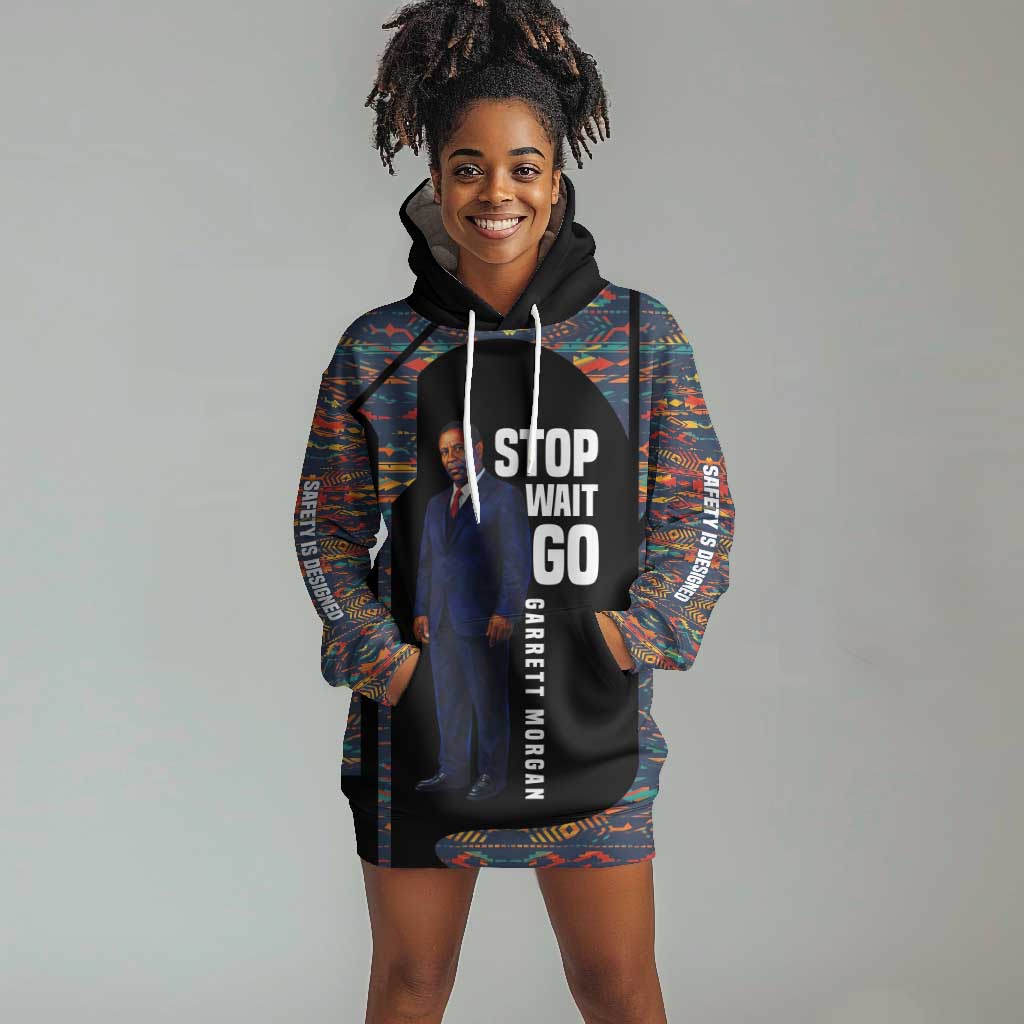 Garrett Morgan Hoodie Dress with Full Body Portrait, Stop Wait Go Quote, Traffic Light Design - Wonder Print Shop