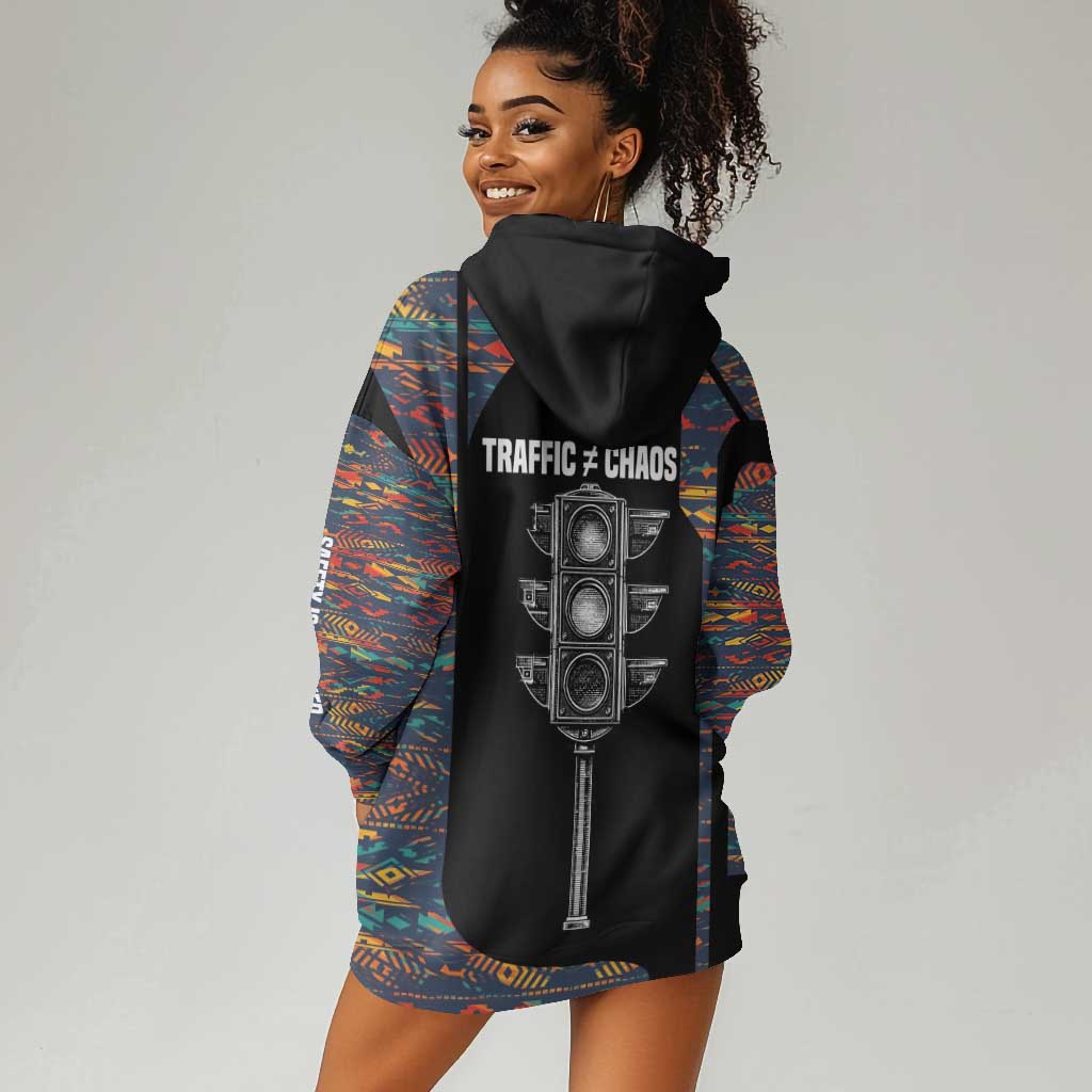 Garrett Morgan Hoodie Dress with Full Body Portrait, Stop Wait Go Quote, Traffic Light Design - Wonder Print Shop