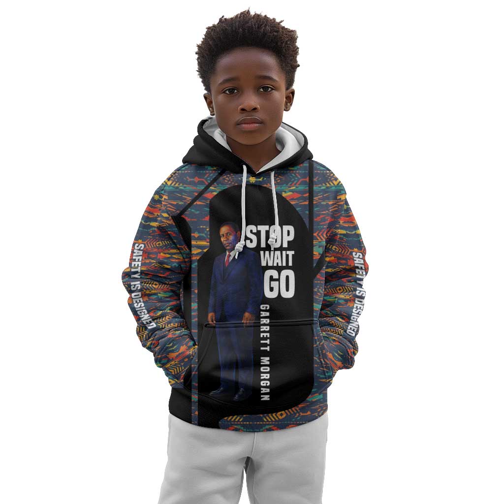 Garrett Morgan Kid Hoodie with Full Body Portrait, Stop Wait Go Quote, Traffic Light Design - Wonder Print Shop