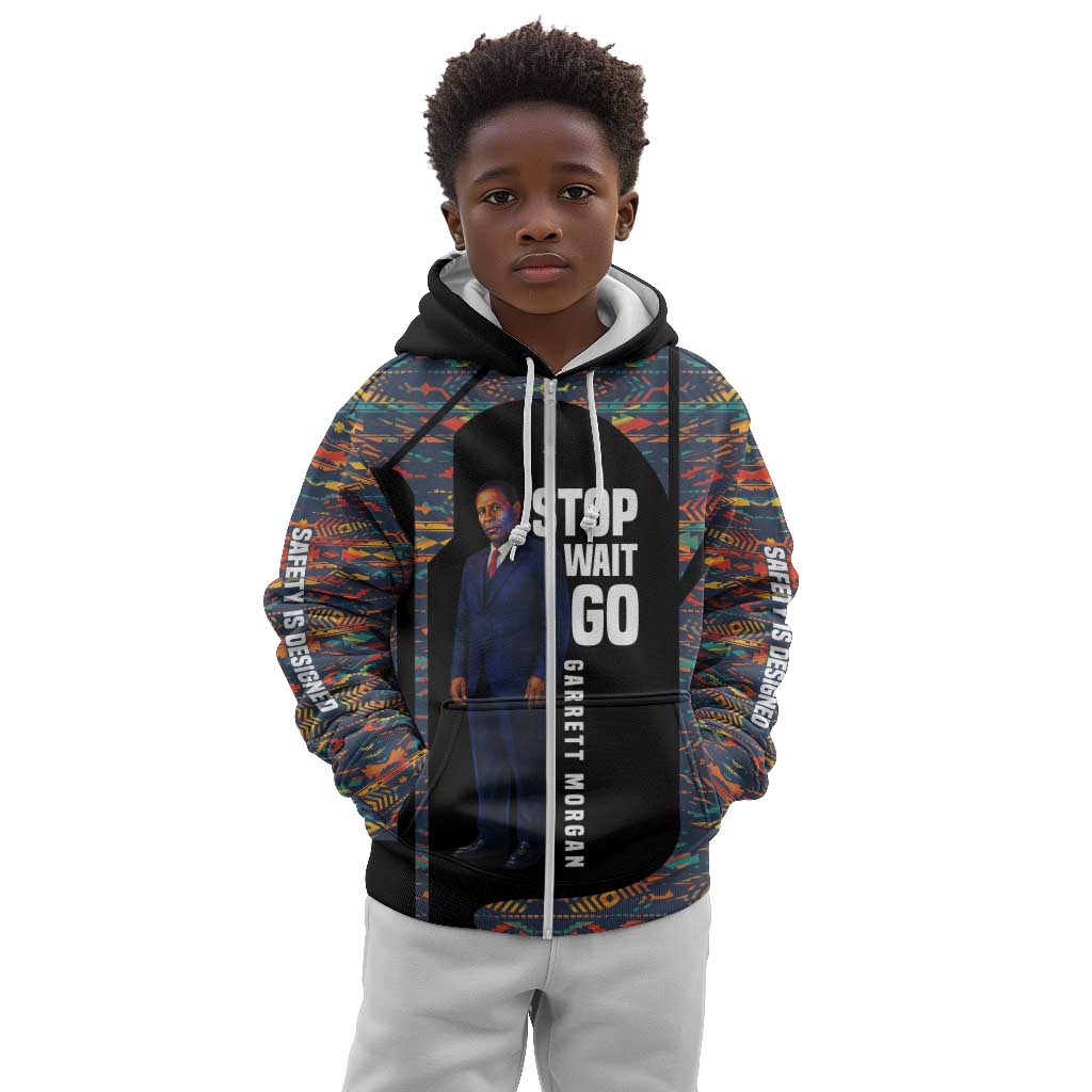 Garrett Morgan Kid Hoodie with Full Body Portrait, Stop Wait Go Quote, Traffic Light Design - Wonder Print Shop