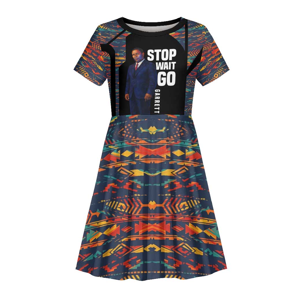 Garrett Morgan Kid Short Sleeve Dress with Full Body Portrait, Stop Wait Go Quote, Traffic Light Design - Wonder Print Shop