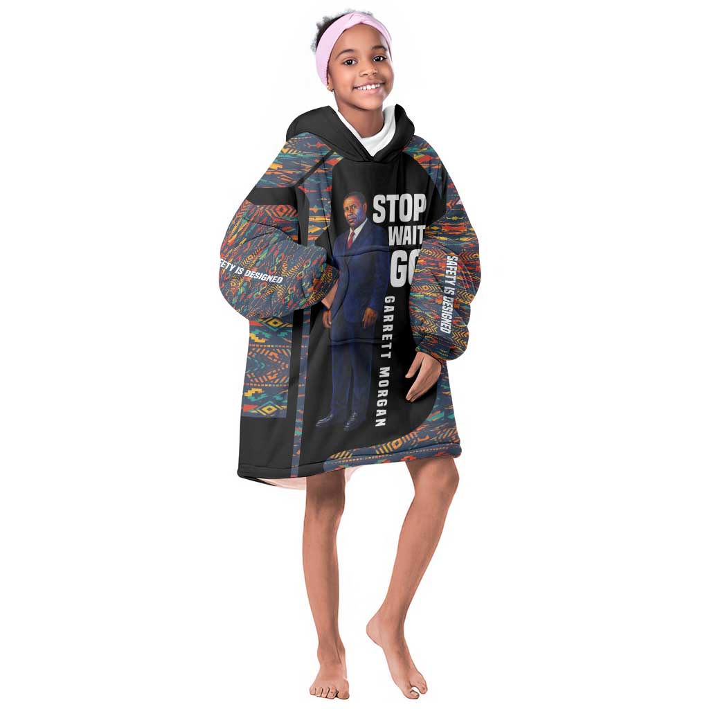Garrett Morgan Kid Wearable Blanket Hoodie with Full Body Portrait, Stop Wait Go Quote, Traffic Light Design - Wonder Print Shop