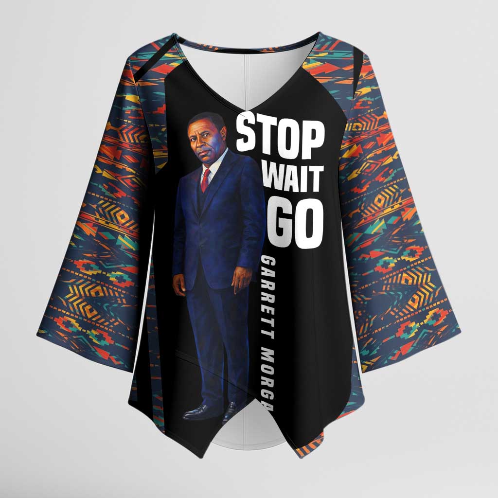 Garrett Morgan Kimono Sleeve Blouse with Full Body Portrait, Stop Wait Go Quote, Traffic Light Design - Wonder Print Shop