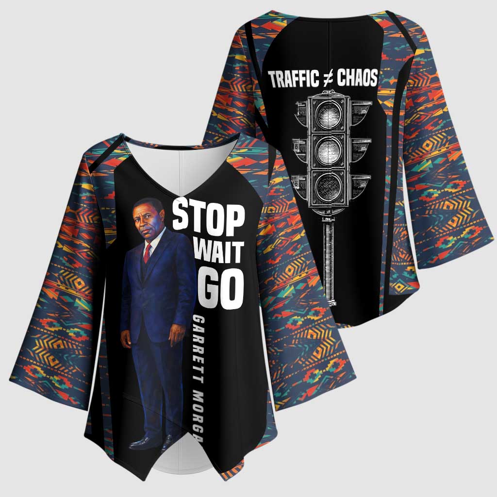 Garrett Morgan Kimono Sleeve Blouse with Full Body Portrait, Stop Wait Go Quote, Traffic Light Design - Wonder Print Shop