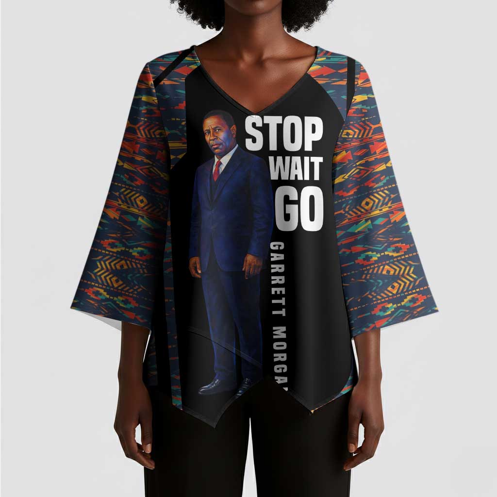 Garrett Morgan Kimono Sleeve Blouse with Full Body Portrait, Stop Wait Go Quote, Traffic Light Design - Wonder Print Shop