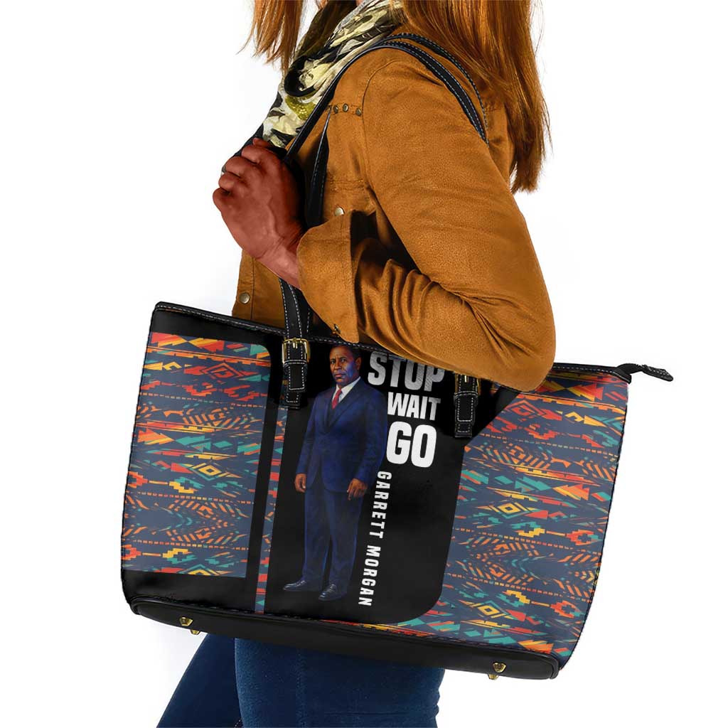 Garrett Morgan Leather Tote Bag with Full Body Portrait, Stop Wait Go Quote, Traffic Light Design - Wonder Print Shop