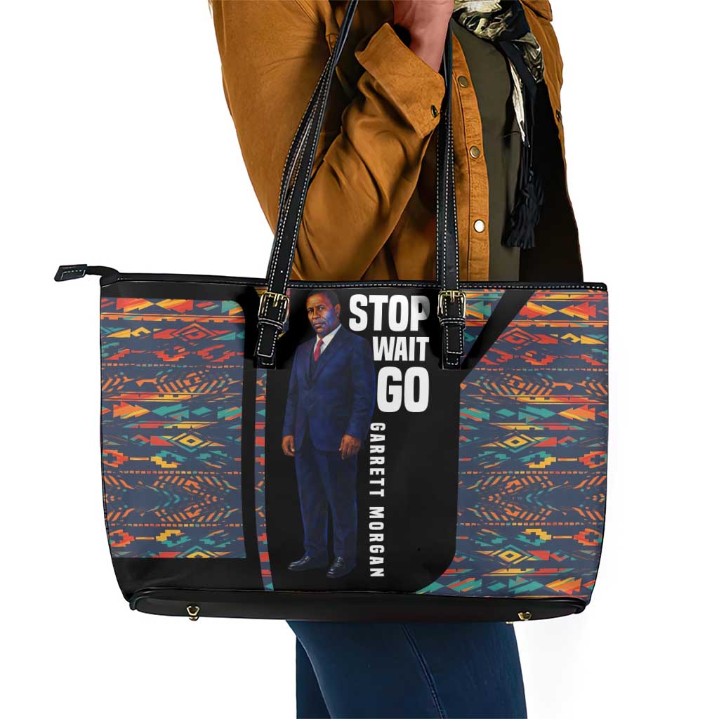 Garrett Morgan Leather Tote Bag with Full Body Portrait, Stop Wait Go Quote, Traffic Light Design - Wonder Print Shop