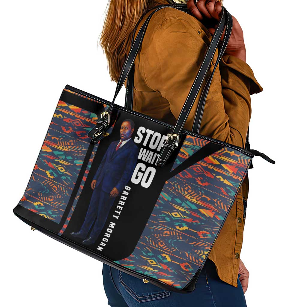 Garrett Morgan Leather Tote Bag with Full Body Portrait, Stop Wait Go Quote, Traffic Light Design - Wonder Print Shop