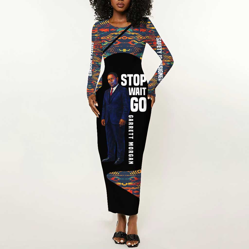 Garrett Morgan Long Sleeve Bodycon Dress with Full Body Portrait, Stop Wait Go Quote, Traffic Light Design - Wonder Print Shop