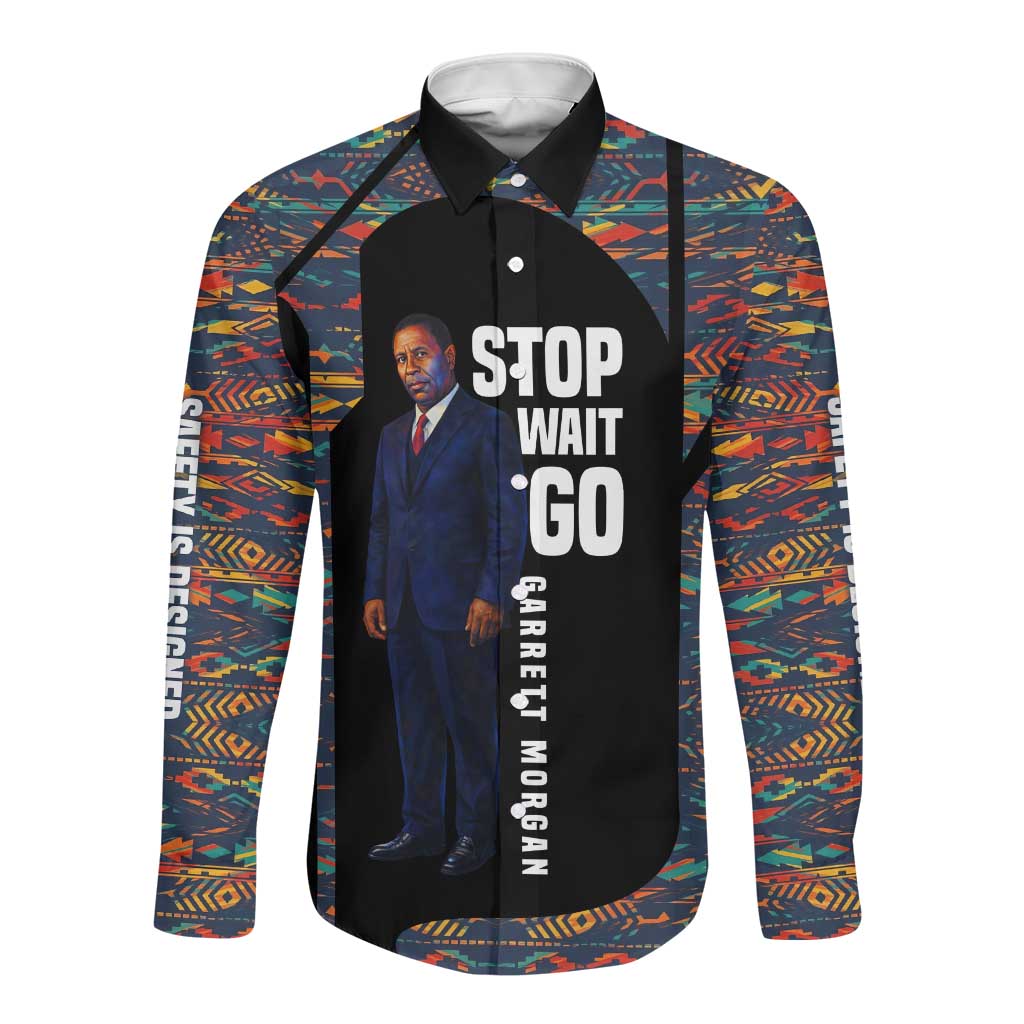 Garrett Morgan Long Sleeve Button Shirt with Full Body Portrait, Stop Wait Go Quote, Traffic Light Design - Wonder Print Shop