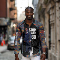 Garrett Morgan Long Sleeve Button Shirt with Full Body Portrait, Stop Wait Go Quote, Traffic Light Design - Wonder Print Shop