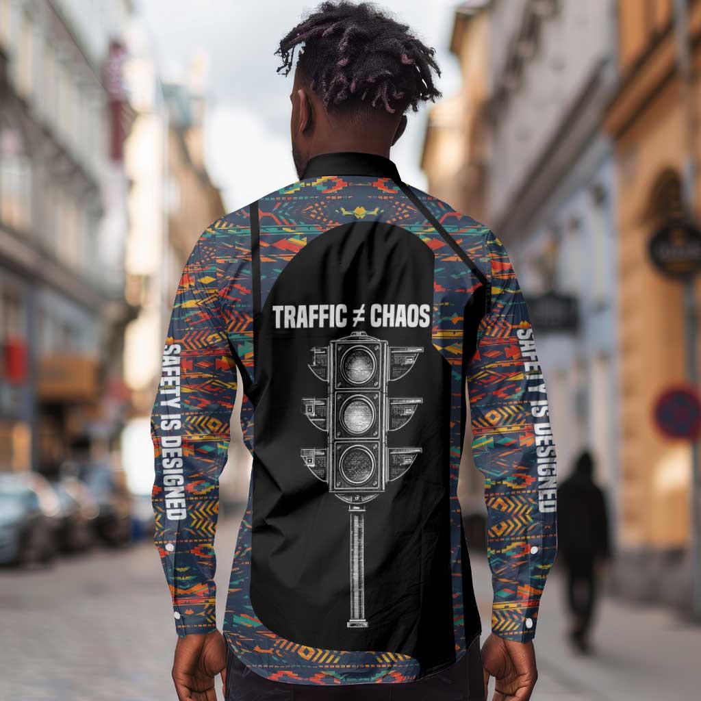 Garrett Morgan Long Sleeve Button Shirt with Full Body Portrait, Stop Wait Go Quote, Traffic Light Design - Wonder Print Shop